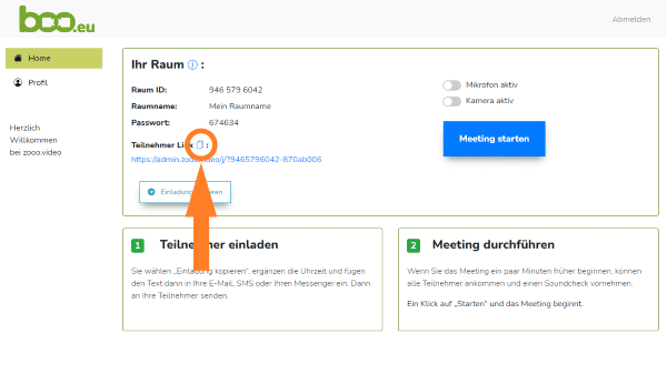 Teilnehmer zur Videokonferenz einladen: Link kopieren