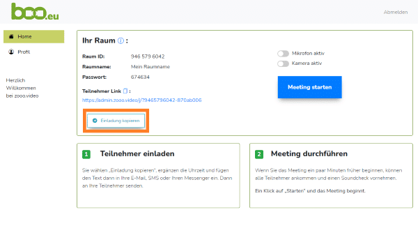 Teilnehmer zur Videokonferenz einladen: Einladung kopieren
