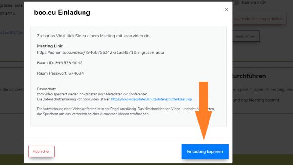 Teilnehmer zur Videokonferenz einladen: Einladung kopieren